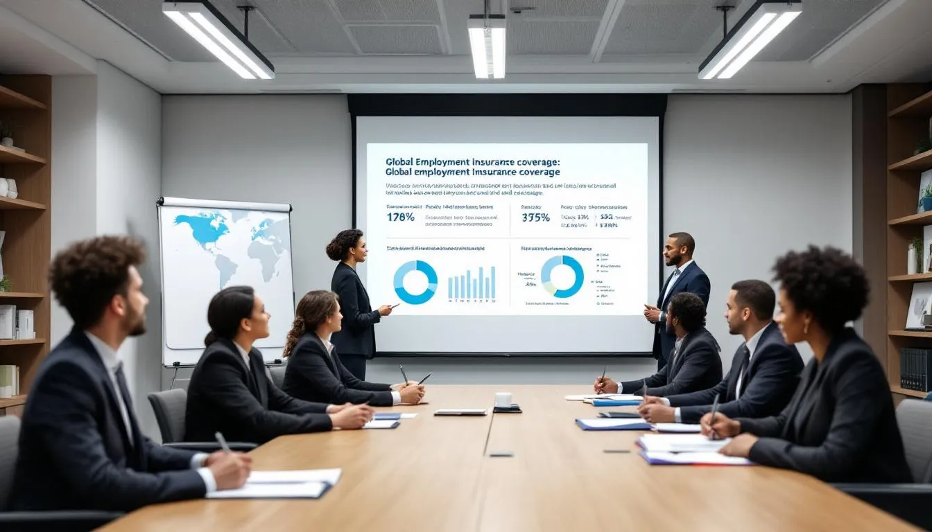 In a professional meeting, participants discuss the intricacies of global employment insurance coverage, focusing on health insurance plans and compliance with local employment laws. The conversation includes topics such as the medical billing process, legal responsibilities of employers, and the importance of understanding the co-employment relationship for managing benefits and financial risks.