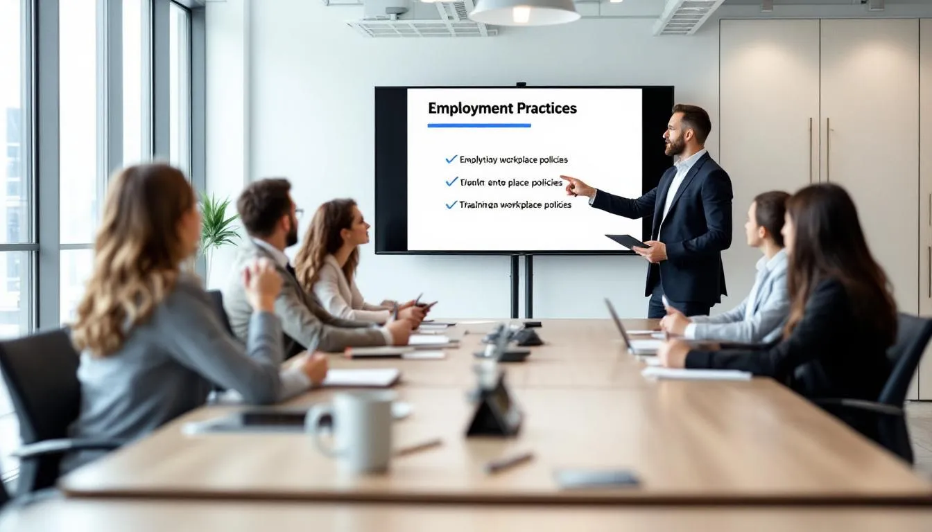 In the image, a diverse group of professionals engages in a training session focused on employment practices, discussing topics such as local employment laws, health insurance plans, and the medical billing process. The setting includes a presentation screen displaying key points about legal compliance and the role of professional employer organizations in managing employee data and benefits administration.