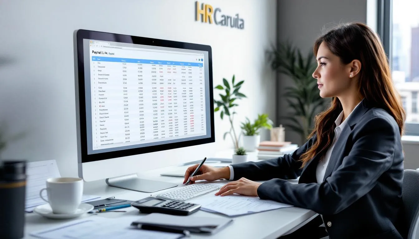 An HR professional is seated at a desk, focused on payroll processing, surrounded by various currency symbols representing a global workforce. The setting reflects an outsourced HR department engaged in compliance management and HR functions for international employees and client businesses.