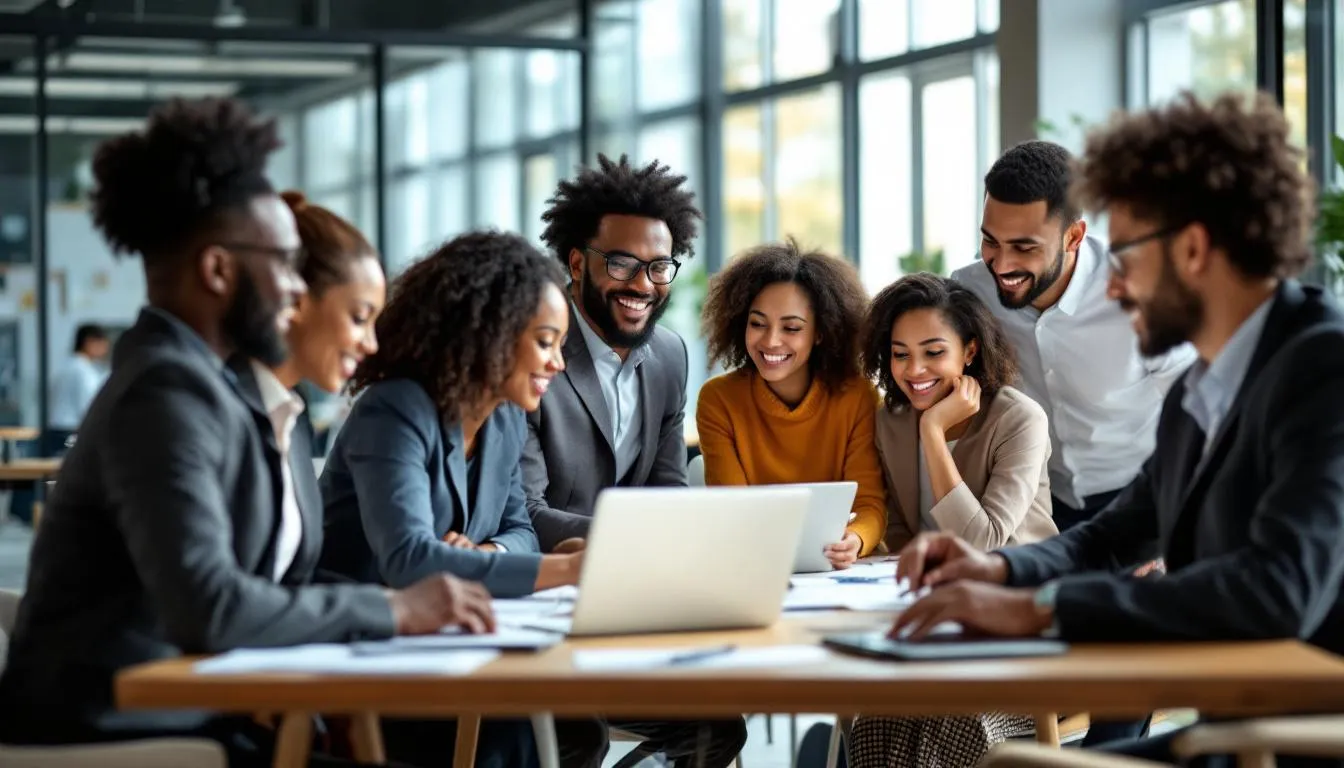 The image depicts a diverse group of professionals from various backgrounds collaborating in an office setting, symbolizing global hiring and international employment practices. They are engaged in discussions about health insurance plans and compliance with local employment laws, highlighting the importance of legal employers and the co-employment relationship in managing employee benefits and responsibilities.