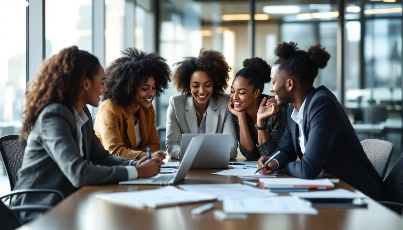 In the image, a small team of diverse professionals is engaged in collaboration around a conference table, discussing various aspects of HR services and compliance. They represent a professional employer organization (PEO) focused on employment contracts, payroll processing, and ensuring adherence to local employment laws.