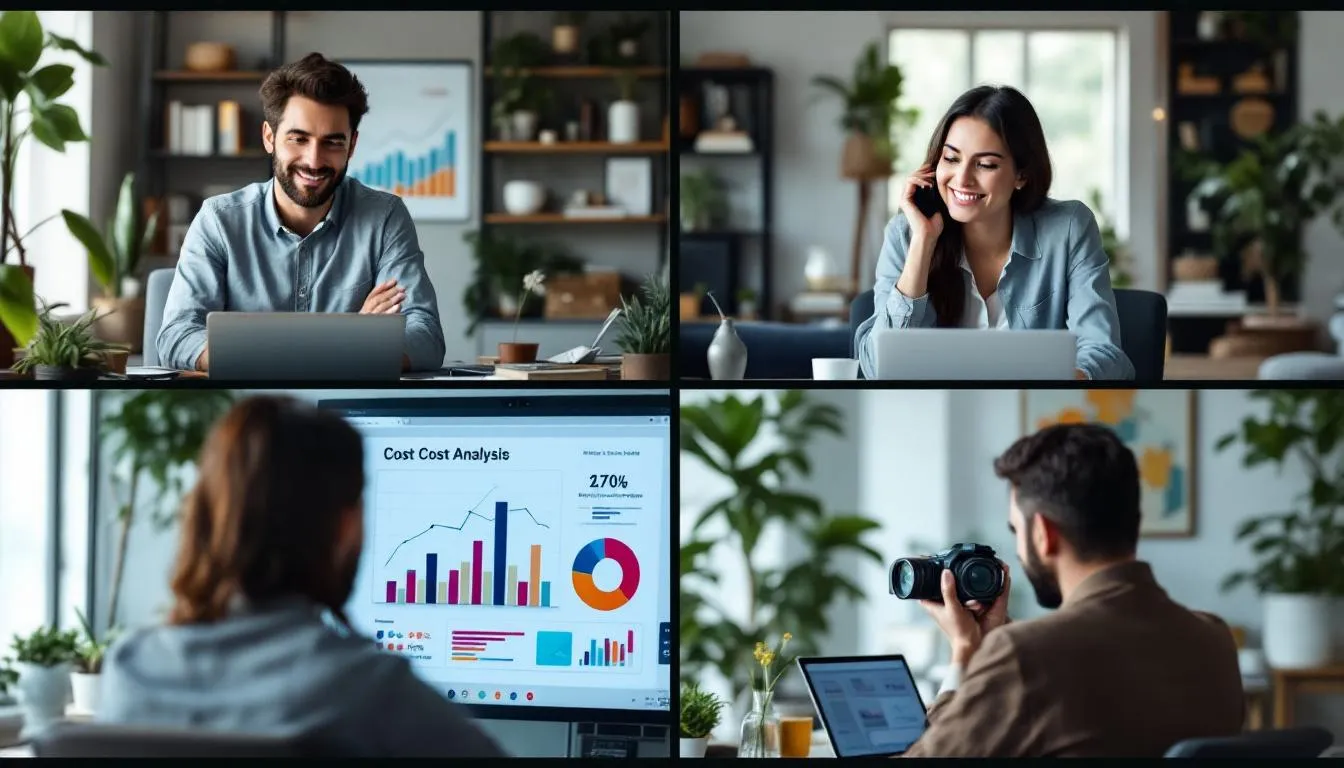 An international team collaborates remotely, analyzing financial charts that depict cost analysis, highlighting the complexities of managing global employees while navigating local labor laws and compliance risks. The scene emphasizes the importance of eor services and understanding employment contracts for effective global expansion.