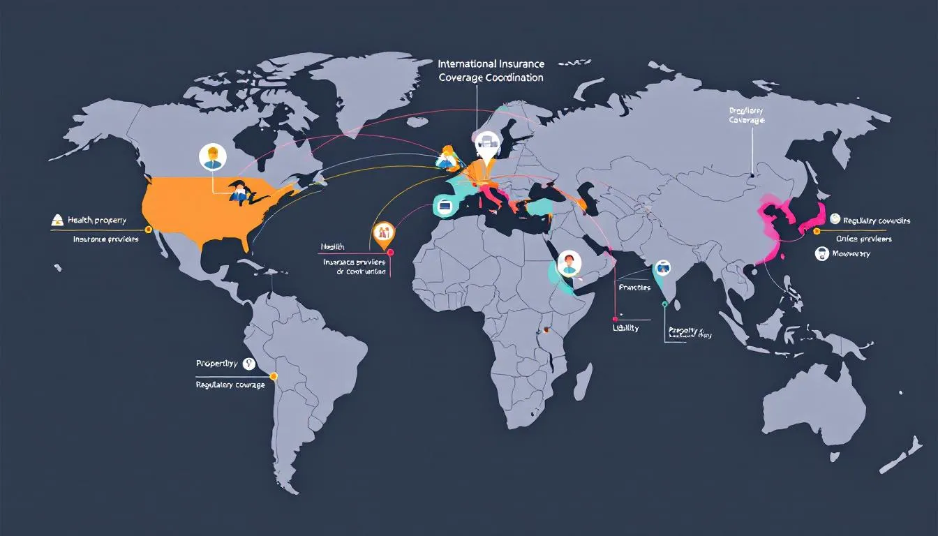 The image depicts a global map highlighting various regions with international insurance coverage coordination, emphasizing the importance of health insurance plans and legal employers in managing compliance with local employment laws. It illustrates the interconnectedness of healthcare providers and the medical billing process across different countries, showcasing the role of professional employer organizations in facilitating global hiring and ensuring legal compliance.