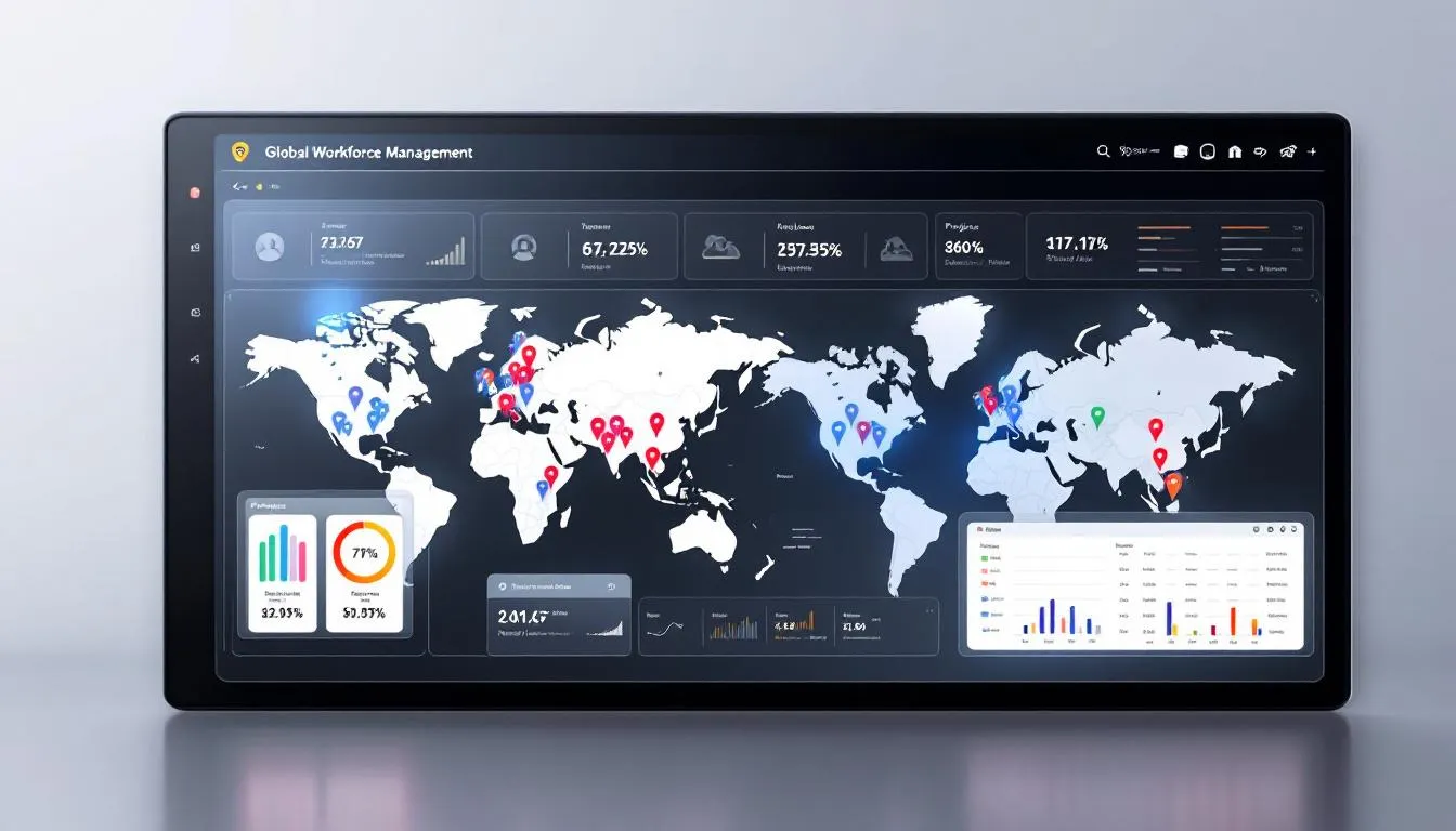 The image depicts a modern technology dashboard designed for global workforce management, showcasing various features such as compliance management with local employment laws, payroll processing for international employees, and administrative tasks related to hiring employees overseas. It emphasizes the importance of an employer of record (EOR) in navigating complex labor laws and ensuring legal compliance across different countries.