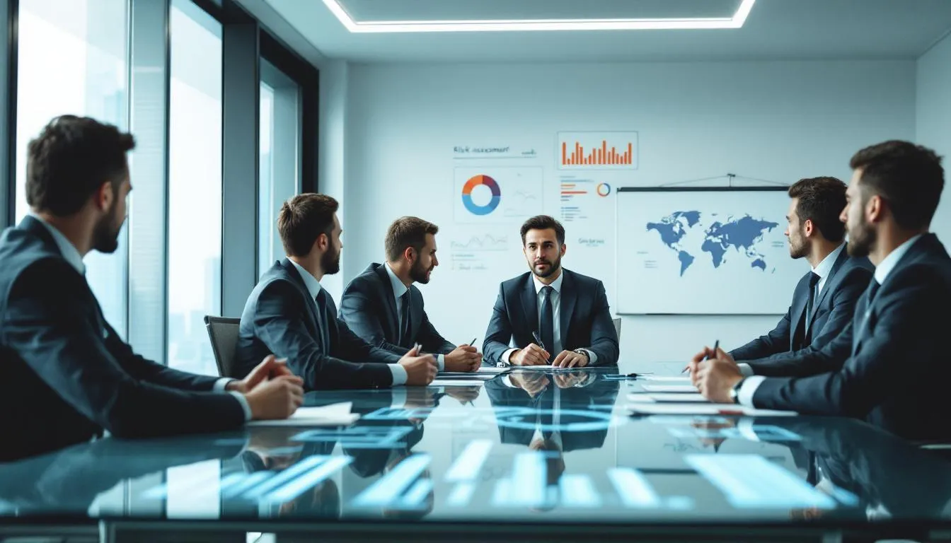 In the image, a group of business professionals is gathered around a table, intently analyzing risk assessment charts and discussing strategies for global expansion. They are focused on navigating local labor laws and compliance risks to effectively manage international employees and ensure adherence to employment agreements.