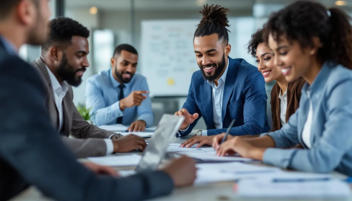 In the image, a diverse international business team collaborates over laptops and documents, discussing strategies for managing HR services and employment contracts across various countries. The scene reflects the complexities of operating as a professional employer organization (PEO) and highlights the importance of compliance with local employment laws and HR functions in a global workforce.