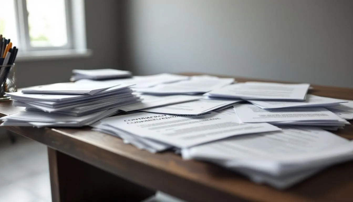 A cluttered desk is covered with various legal documents and compliance paperwork, including employment contracts and local labor laws, essential for ensuring compliance in the hiring process. This scene highlights the administrative responsibilities and complexities faced by legal employers and staffing agencies when managing international employees and adhering to local regulations.