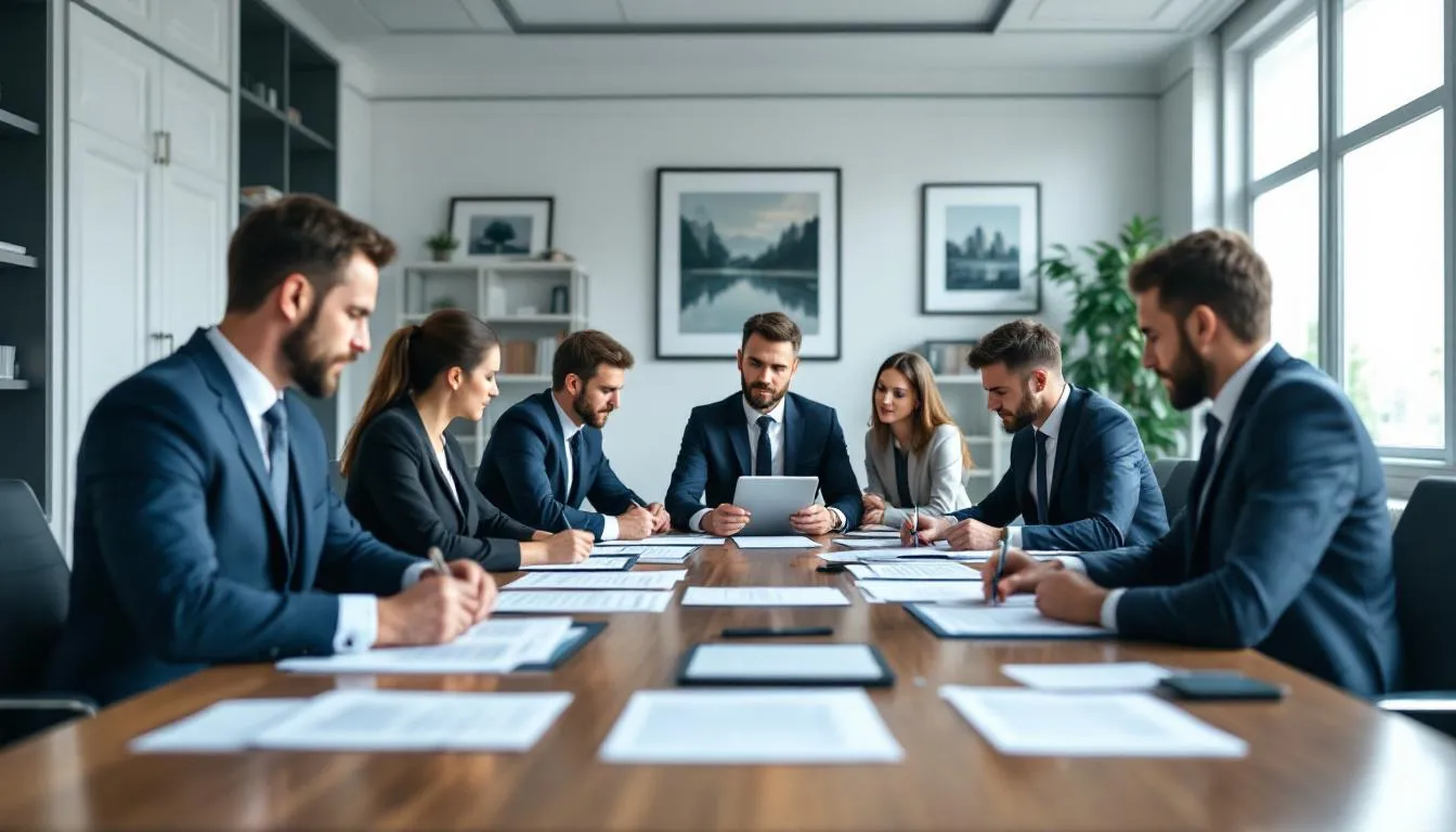 In the image, a group of business professionals is gathered around a table, intently reviewing various employment model contracts, discussing aspects such as local employment laws and the responsibilities of an employer of record (EOR). They are focused on ensuring compliance with complex labor laws while considering the implications for hiring international employees and managing payroll processing.