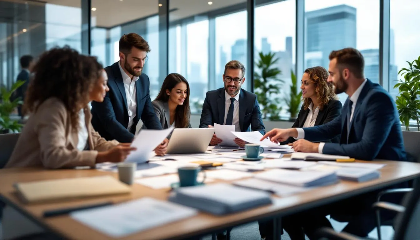 The image depicts a risk management team engaged in a compliance audit, reviewing international employment documentation to ensure adherence to local labor laws and regulations. They are focused on identifying potential compliance risks associated with employing international employees and ensuring that all employment contracts align with legal requirements.